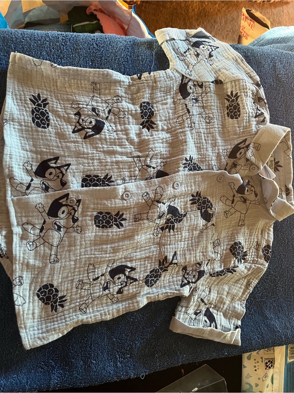 Kids Short Sleeve Button-Up bluey shirt with Navy Print